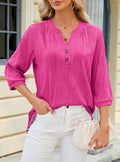 Split V Neck Button Henley Blouse - Rosered