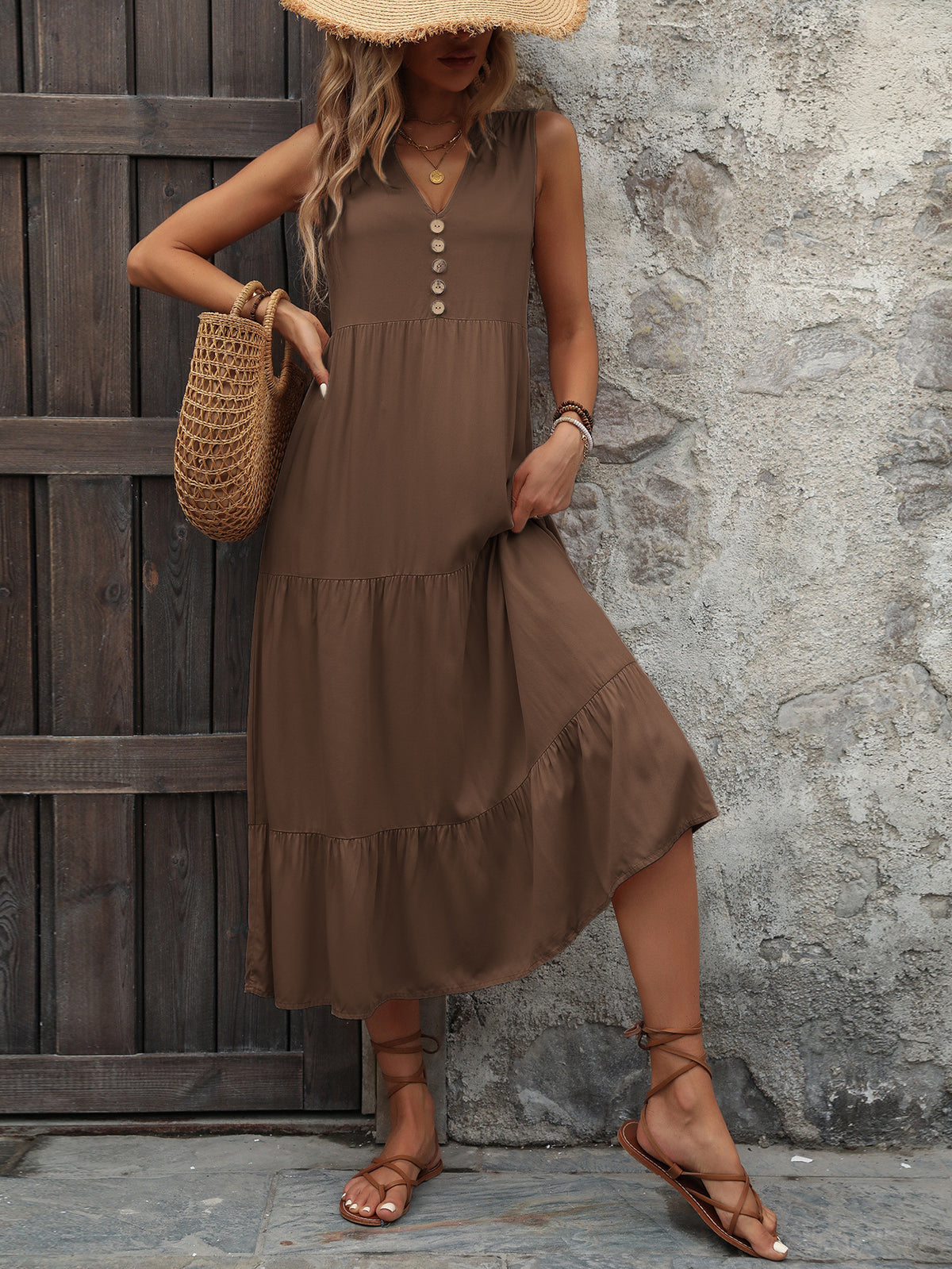 Sleeveless Button Placket Tiered Midi Dress - Coffee