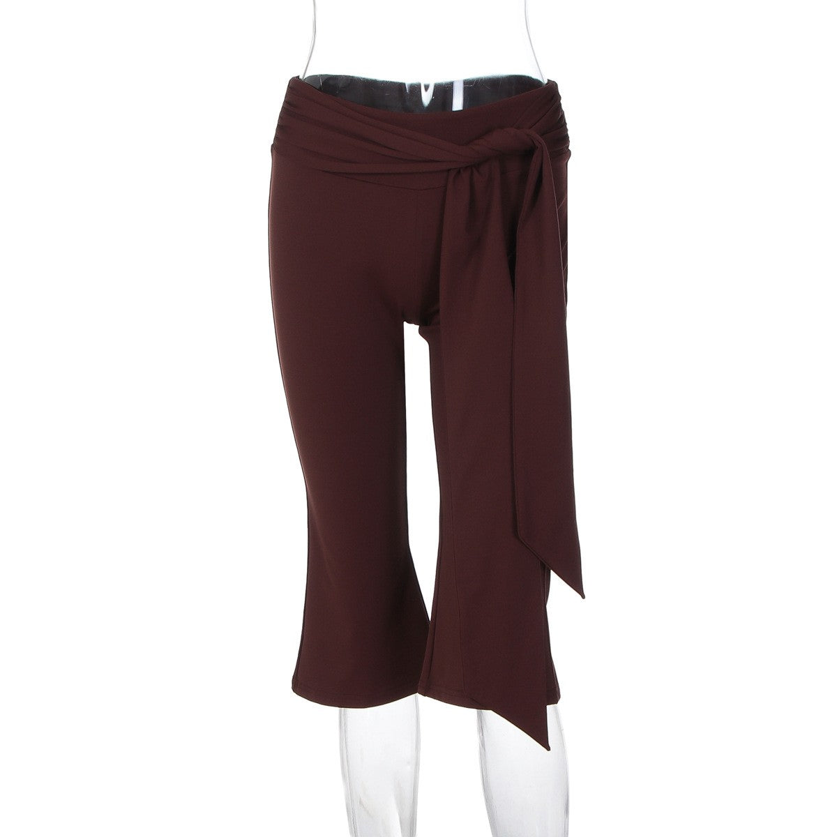 Tie Waist Stretch Knit Flare Capri Pants - Brown