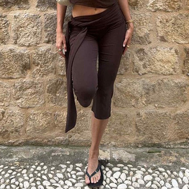 Tie Waist Stretch Knit Flare Capri Pants