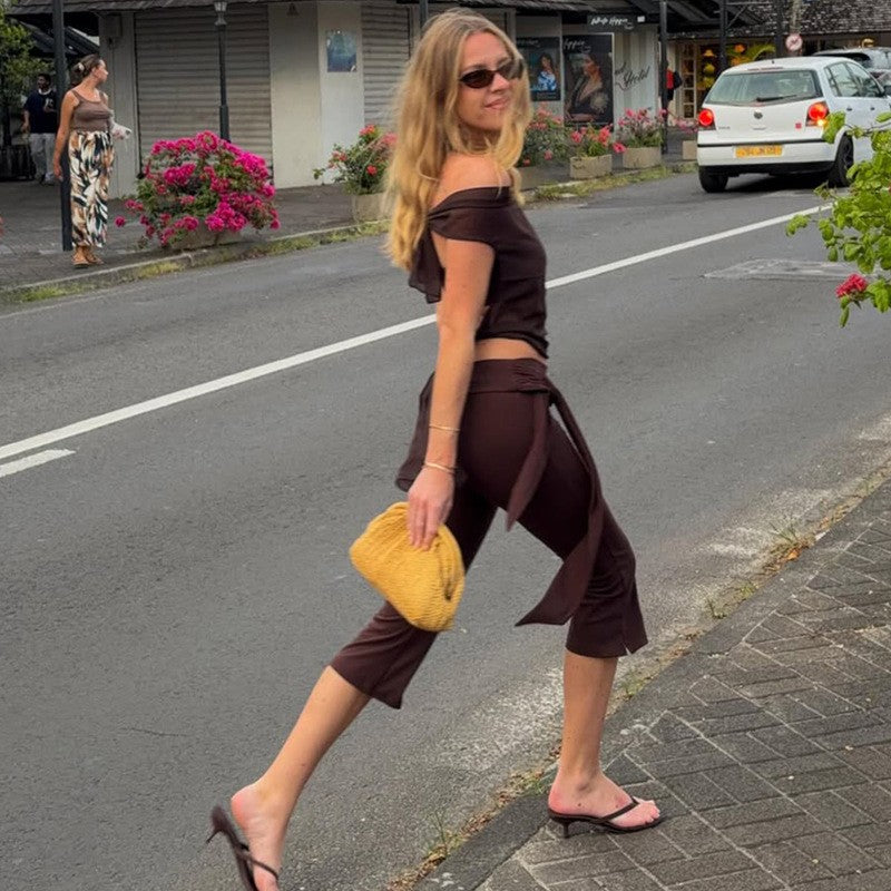 Tie Waist Stretch Knit Flare Capri Pants
