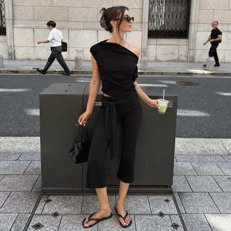 Tie Waist Stretch Knit Flare Capri Pants