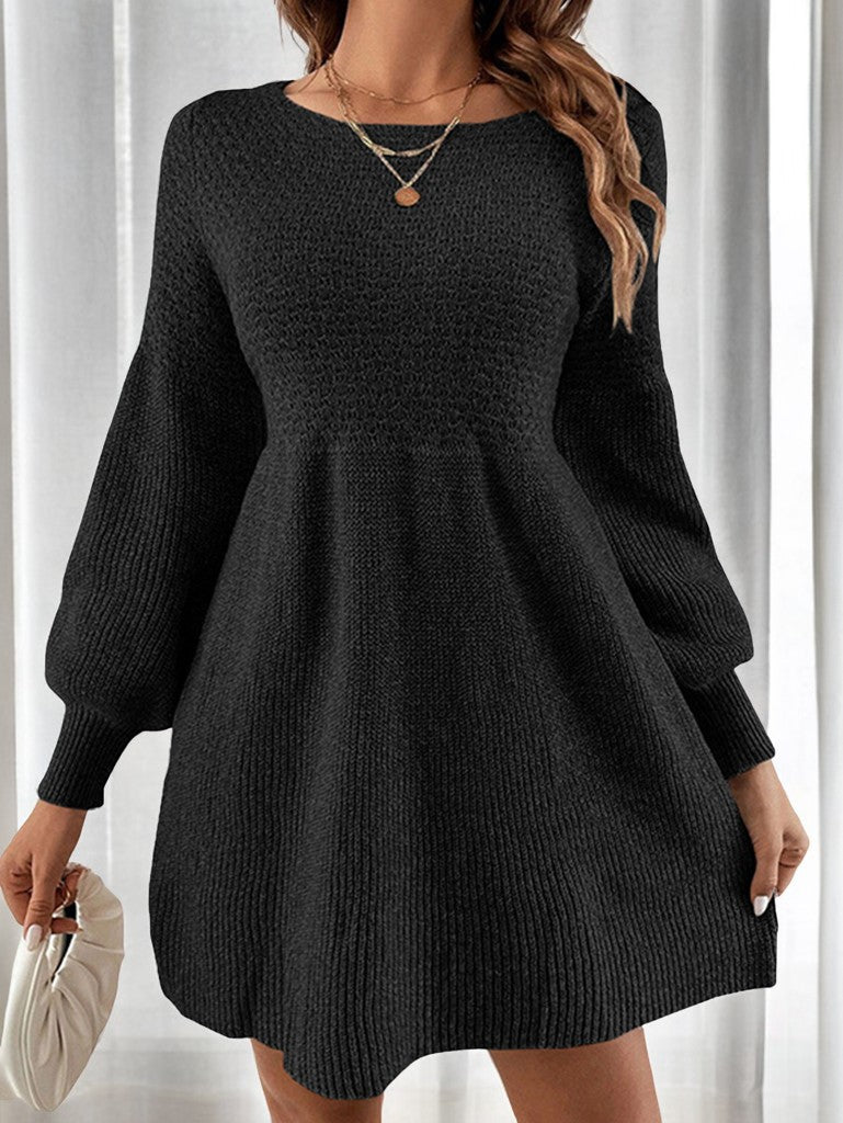 Balloon Sleeve Knit A-Line Mini Dress - Black