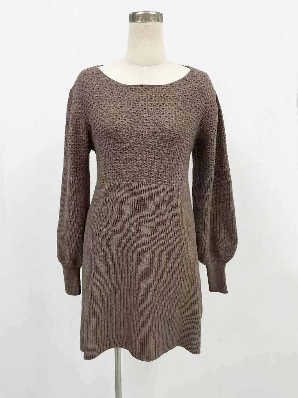 Balloon Sleeve Knit A-Line Mini Dress - Khaki
