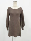 Balloon Sleeve Knit A-Line Mini Dress - Khaki