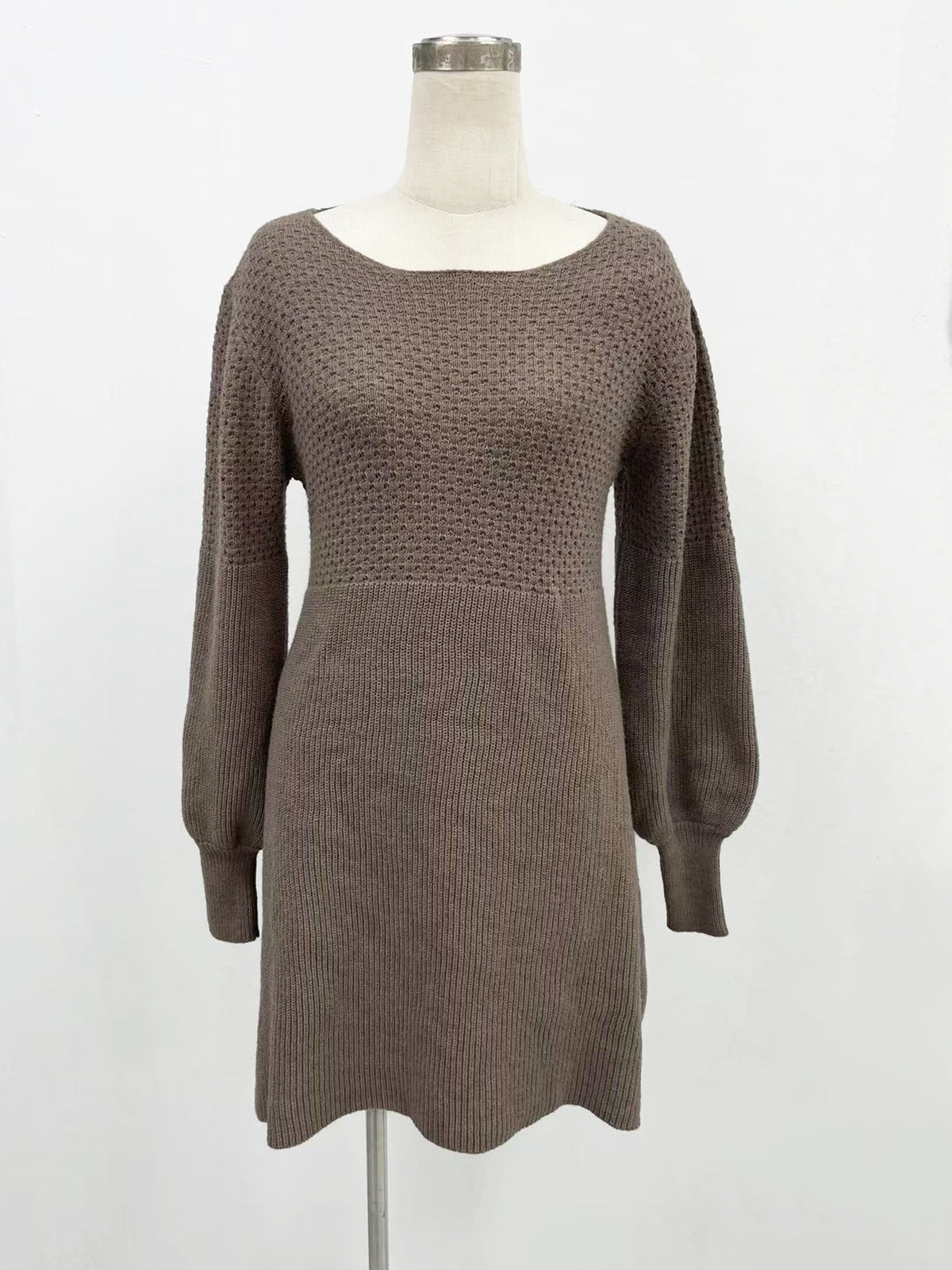 Balloon Sleeve Knit A-Line Mini Dress - Khaki
