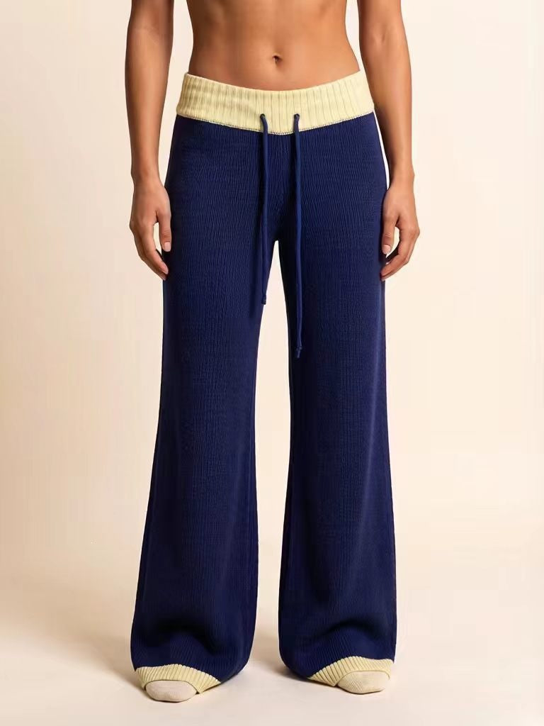 Drawstring Waist Wide Leg Lounge Knit Pants - Blue