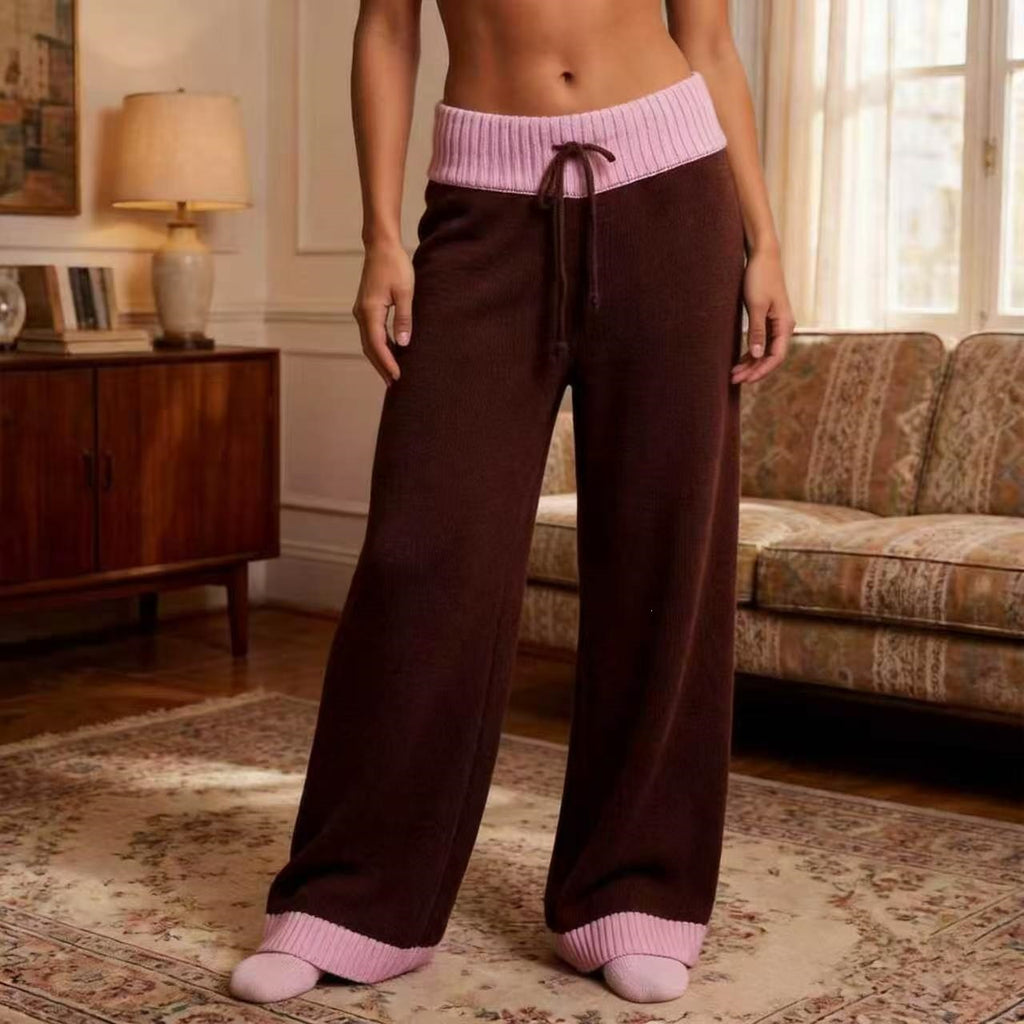 Drawstring Waist Wide Leg Lounge Knit Pants - Coffee - 1