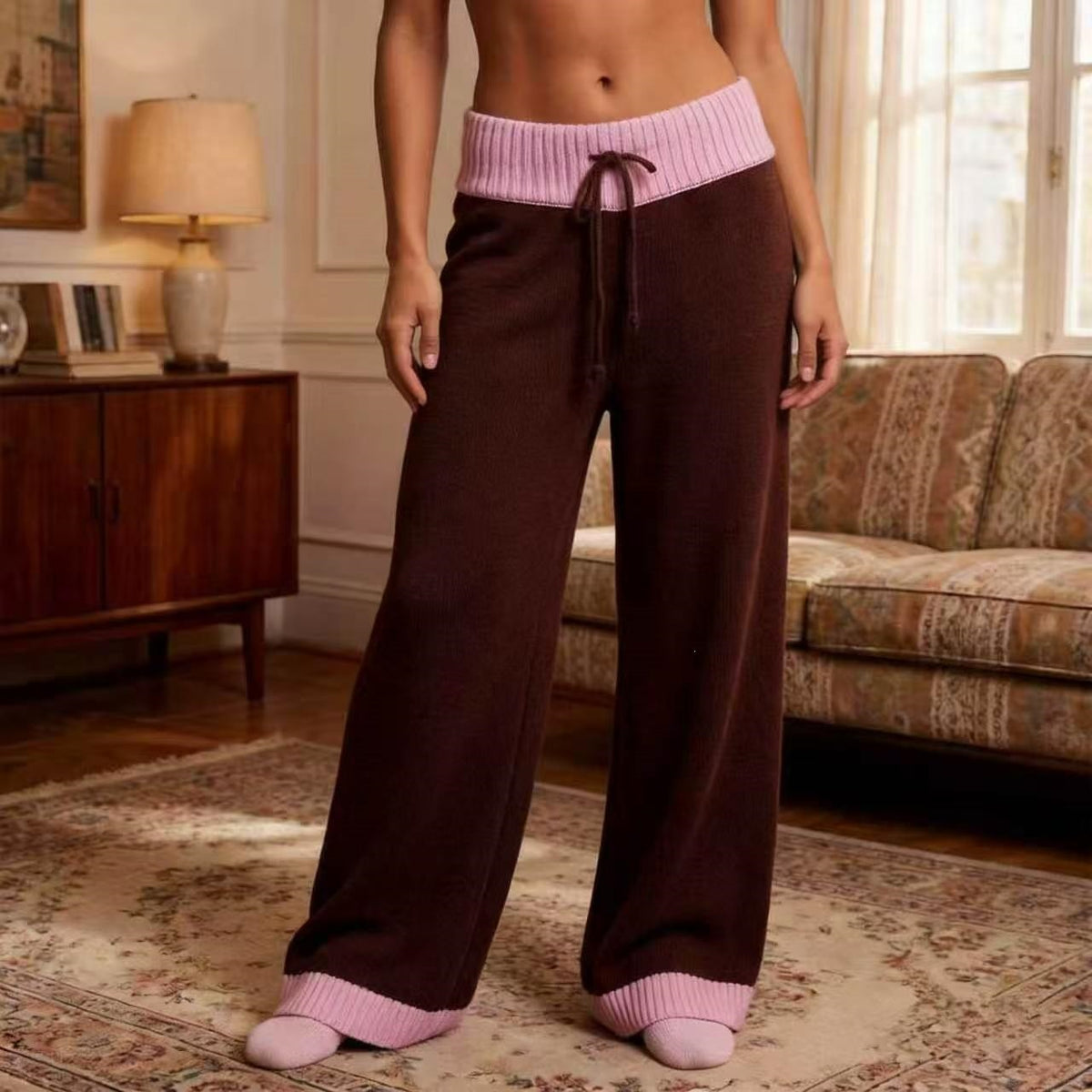 Drawstring Waist Wide Leg Lounge Knit Pants - Coffee - 1