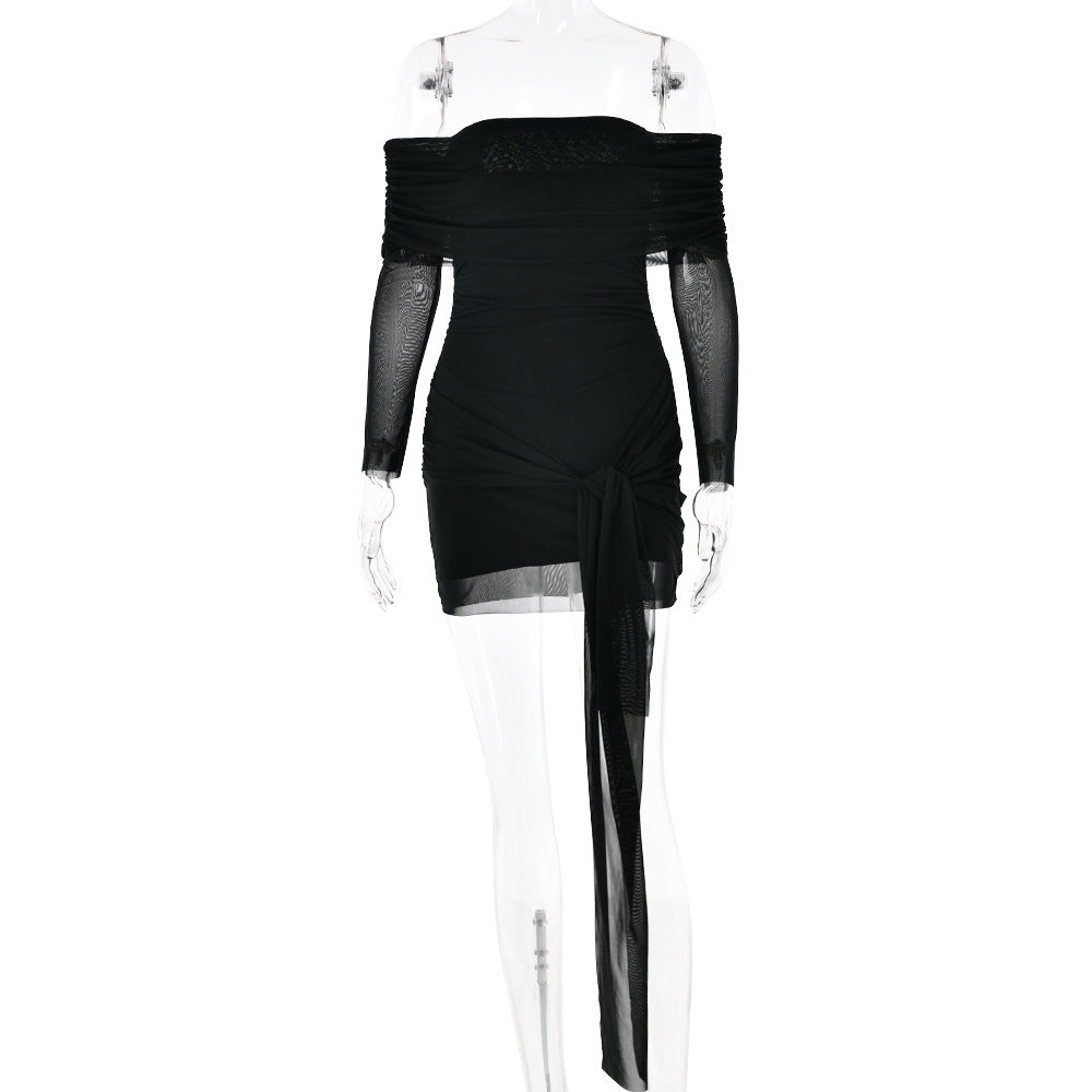 Off Shoulder Ruched Mesh Wrap Mini Dress - Black