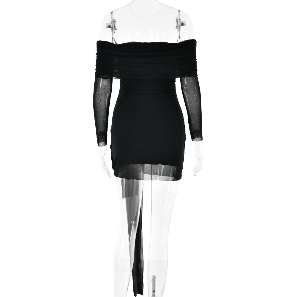 Off Shoulder Ruched Mesh Wrap Mini Dress - Black - 2
