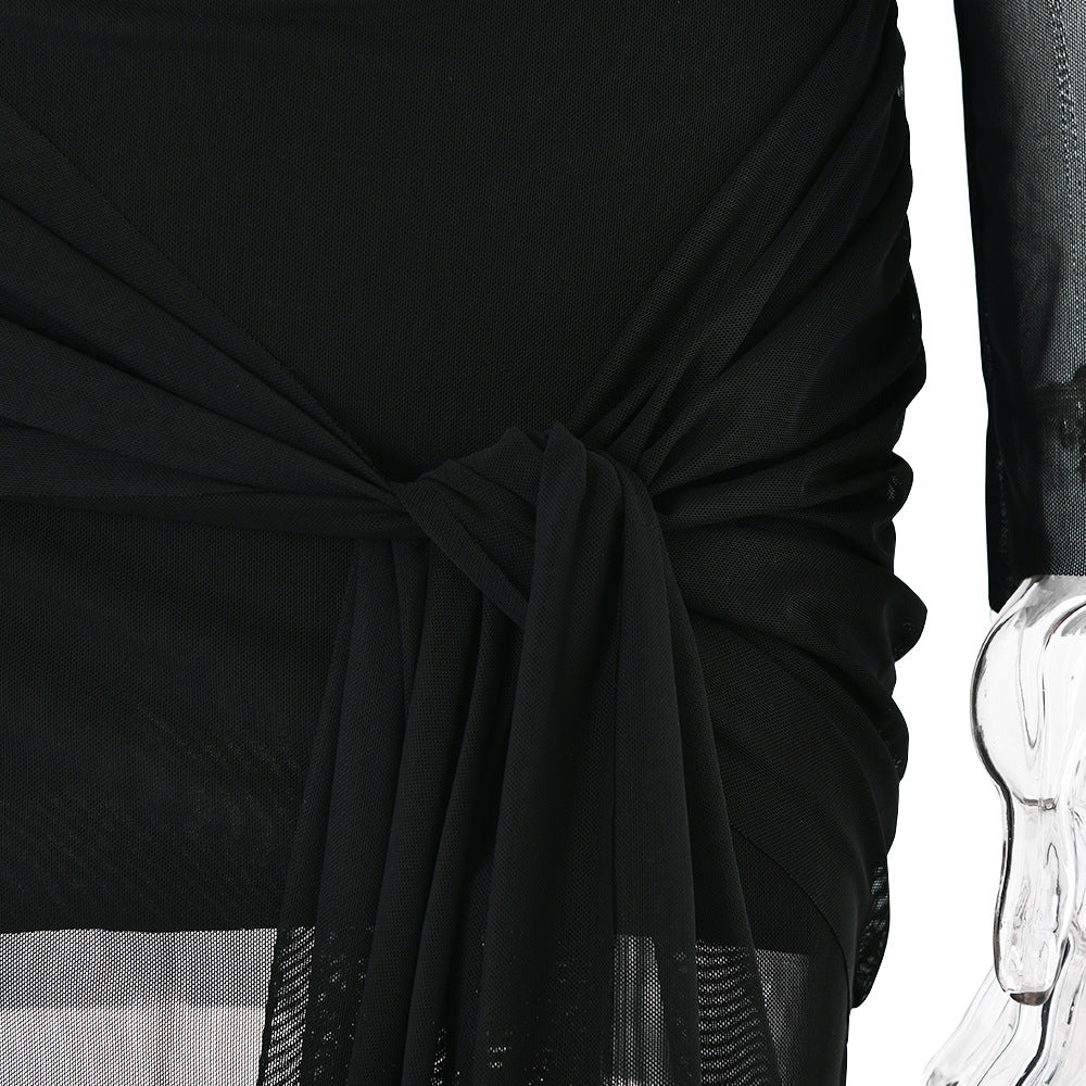 Off Shoulder Ruched Mesh Wrap Mini Dress - Black - 3