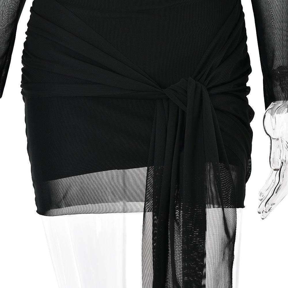Off Shoulder Ruched Mesh Wrap Mini Dress - Black - 5
