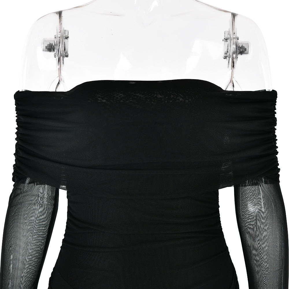 Off Shoulder Ruched Mesh Wrap Mini Dress - Black - 6