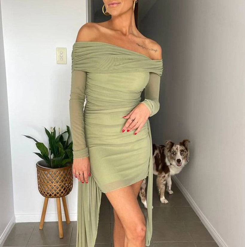 Off Shoulder Ruched Mesh Wrap Mini Dress - Green - 2