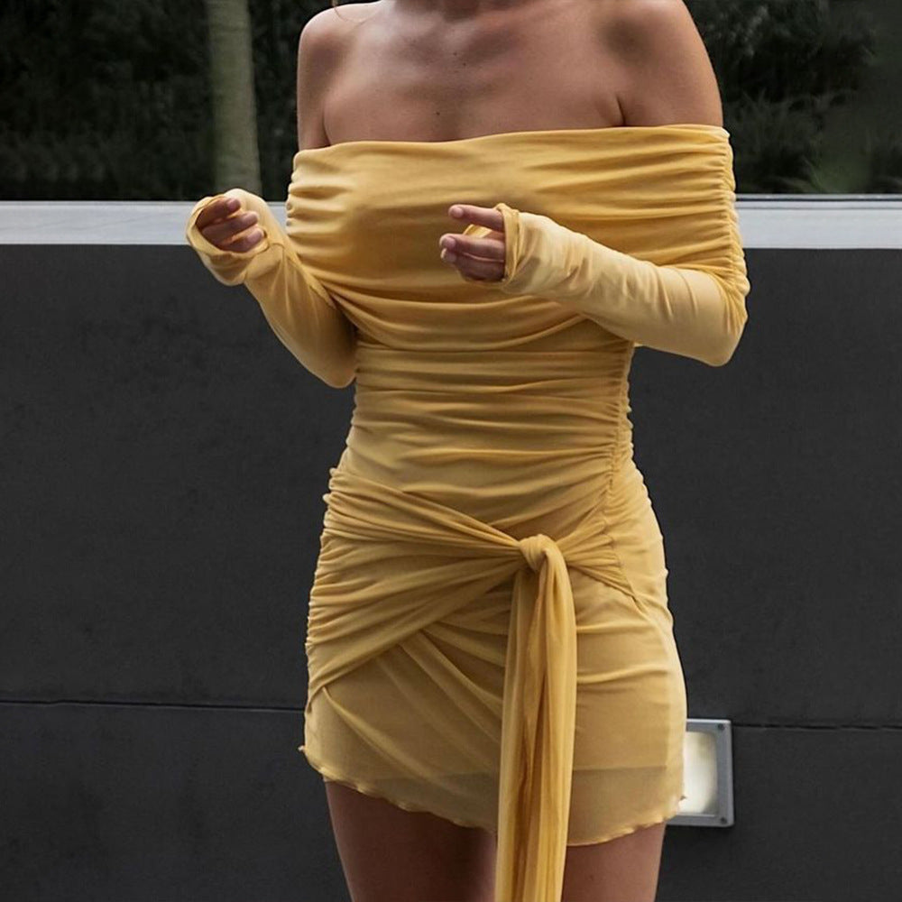 Off Shoulder Ruched Mesh Wrap Mini Dress - Yellow - 2