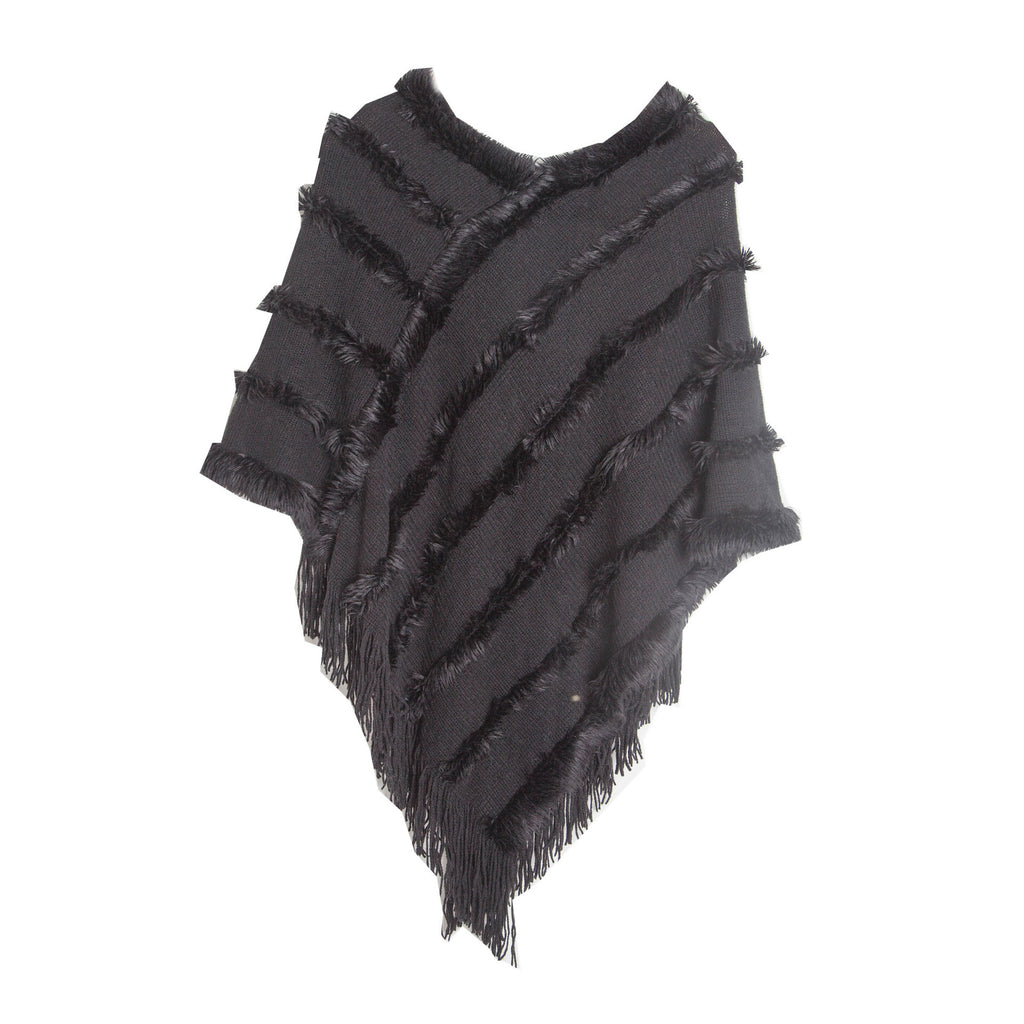Fringed Textured Stripe Knit Poncho - black