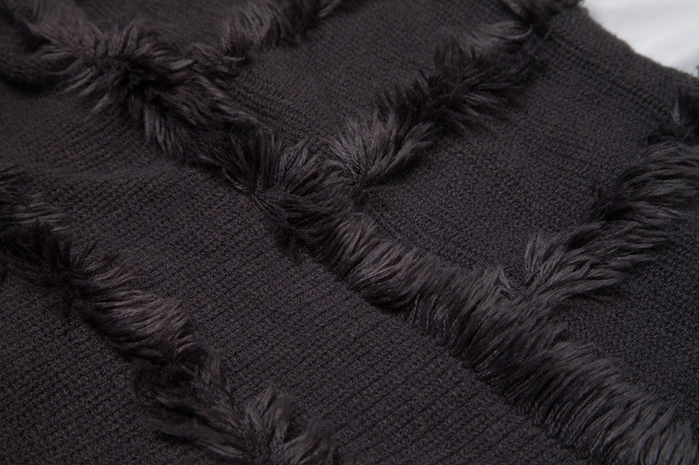 Fringed Textured Stripe Knit Poncho - black - 1