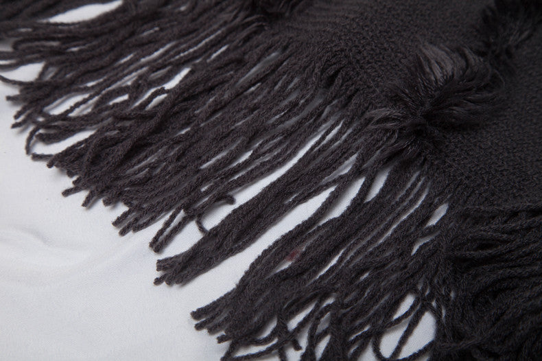 Fringed Textured Stripe Knit Poncho - black - 2