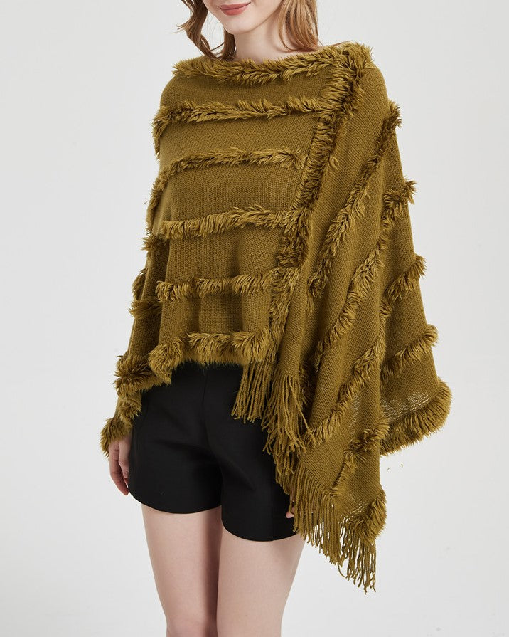 Fringed Textured Stripe Knit Poncho