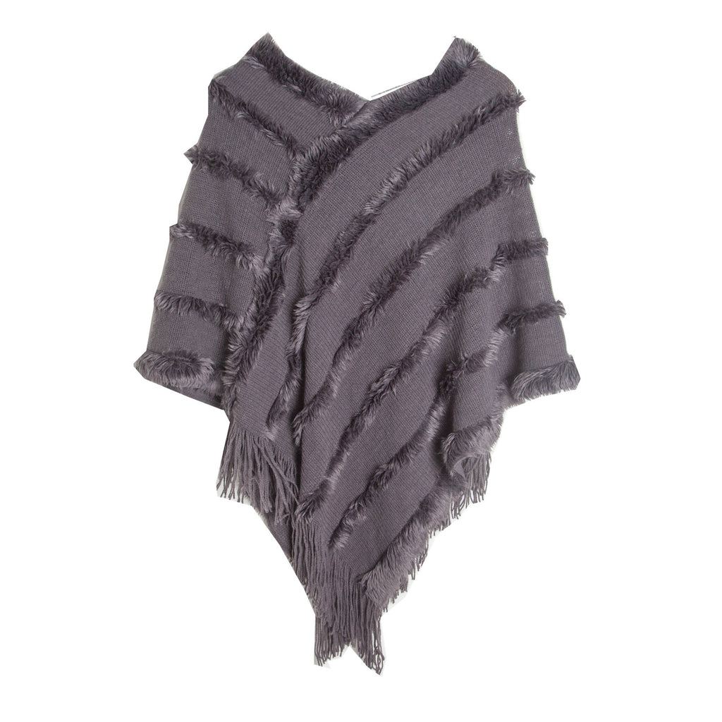 Fringed Textured Stripe Knit Poncho - grey