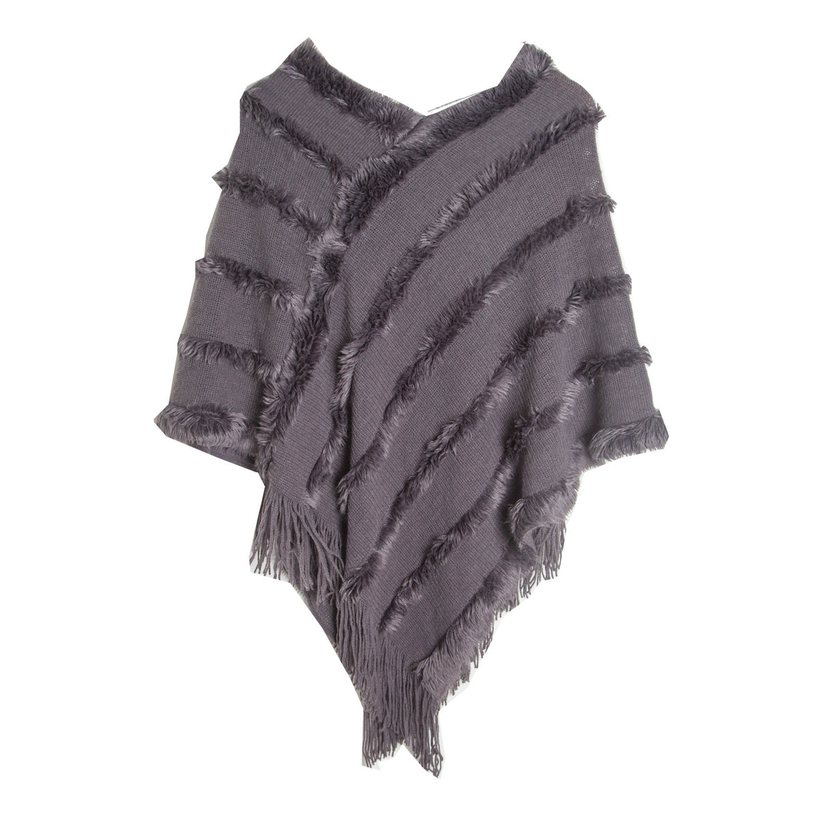 Fringed Textured Stripe Knit Poncho - grey