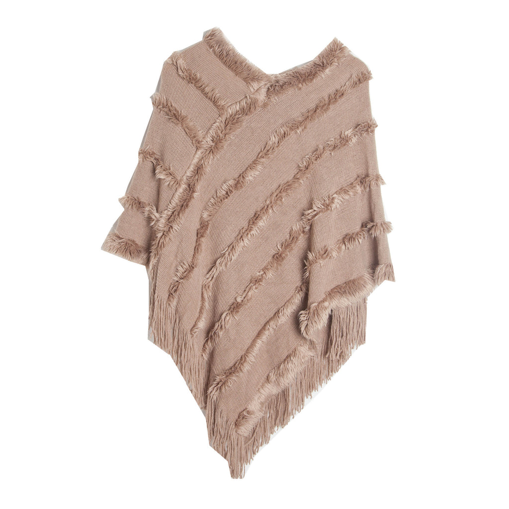 Fringed Textured Stripe Knit Poncho - khaki