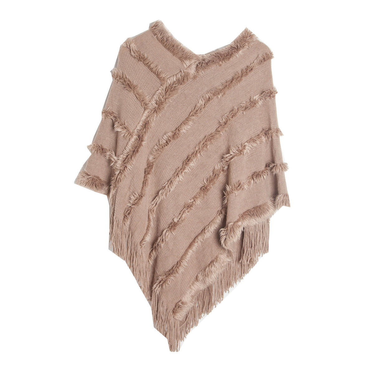 Fringed Textured Stripe Knit Poncho - khaki