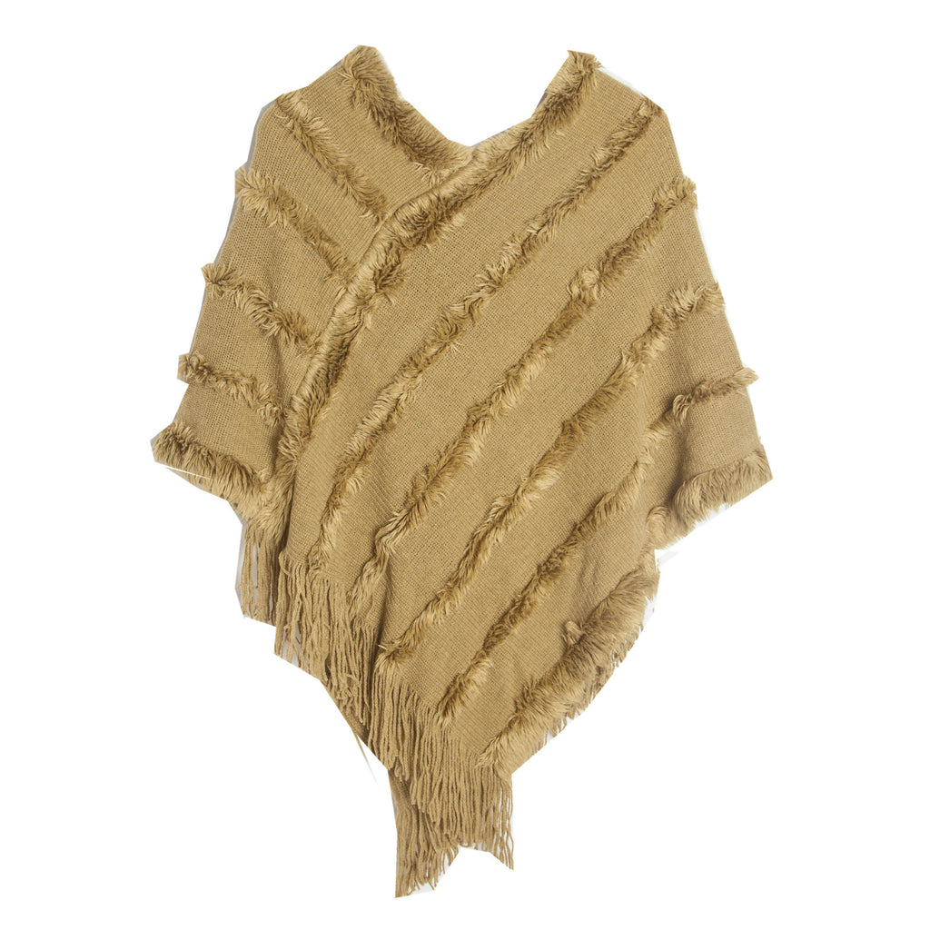 Fringed Textured Stripe Knit Poncho - olive