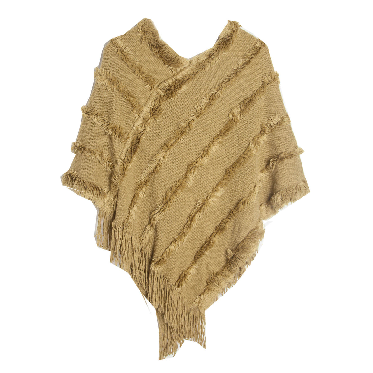 Fringed Textured Stripe Knit Poncho - olive