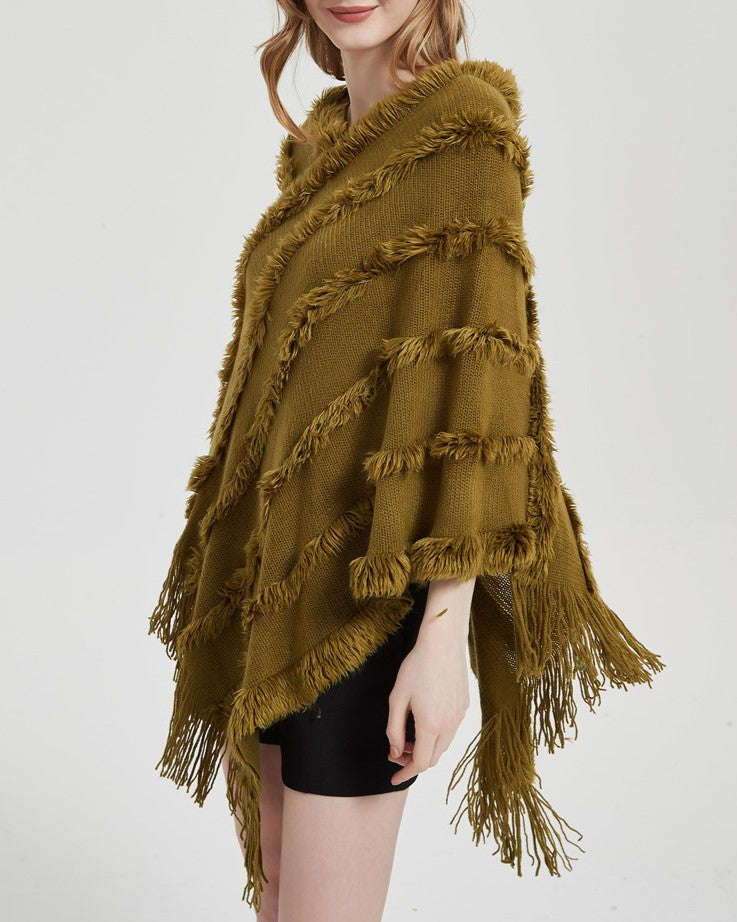 Fringed Textured Stripe Knit Poncho - olive - 1