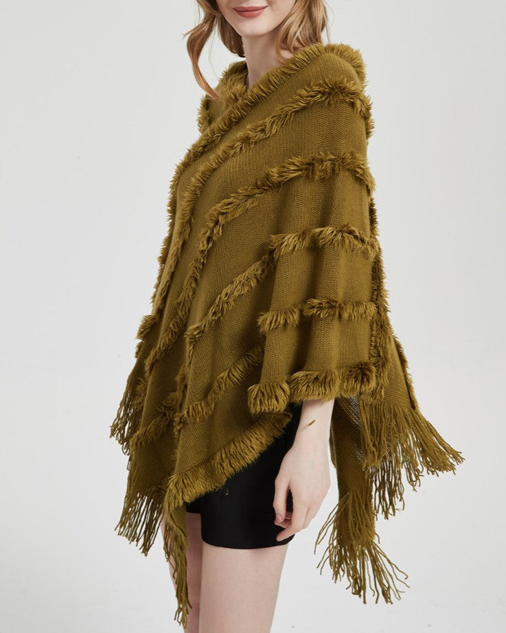 Fringed Textured Stripe Knit Poncho - olive - 2