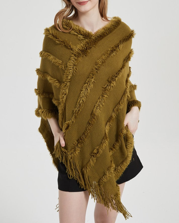 Fringed Textured Stripe Knit Poncho - olive - 3