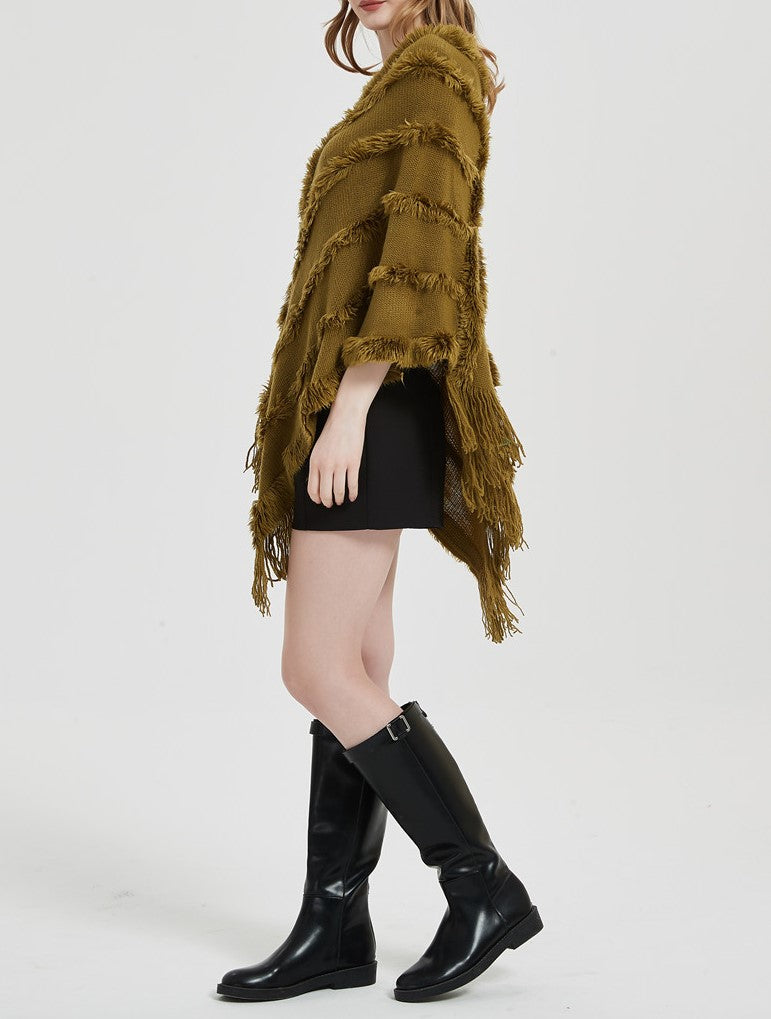 Fringed Textured Stripe Knit Poncho - olive - 4