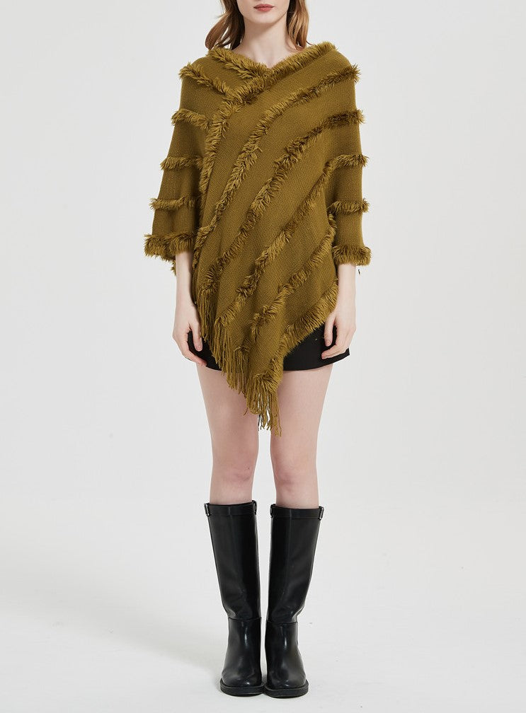 Fringed Textured Stripe Knit Poncho - olive - 5