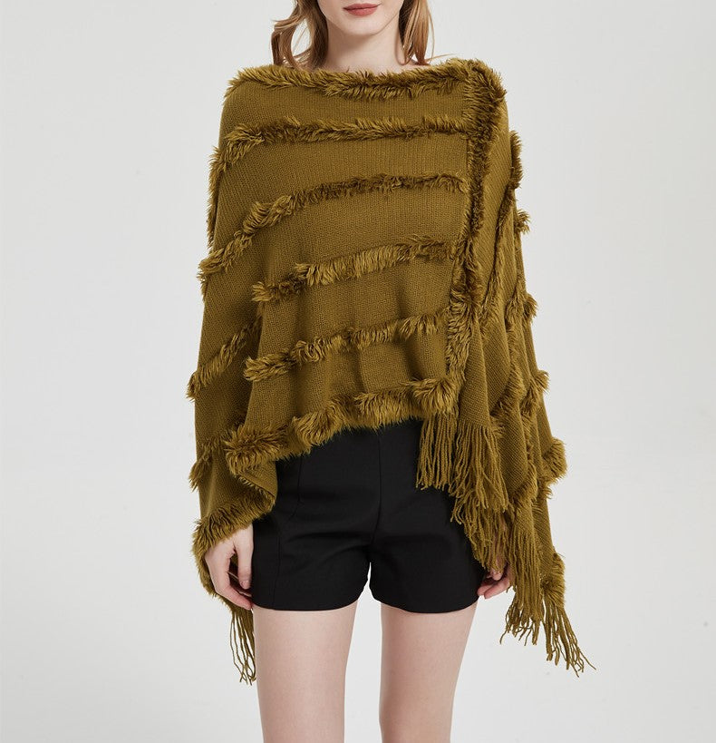 Fringed Textured Stripe Knit Poncho - olive - 6
