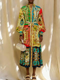 Baroque Print Belted Tiered Shirt Dress - Yellow