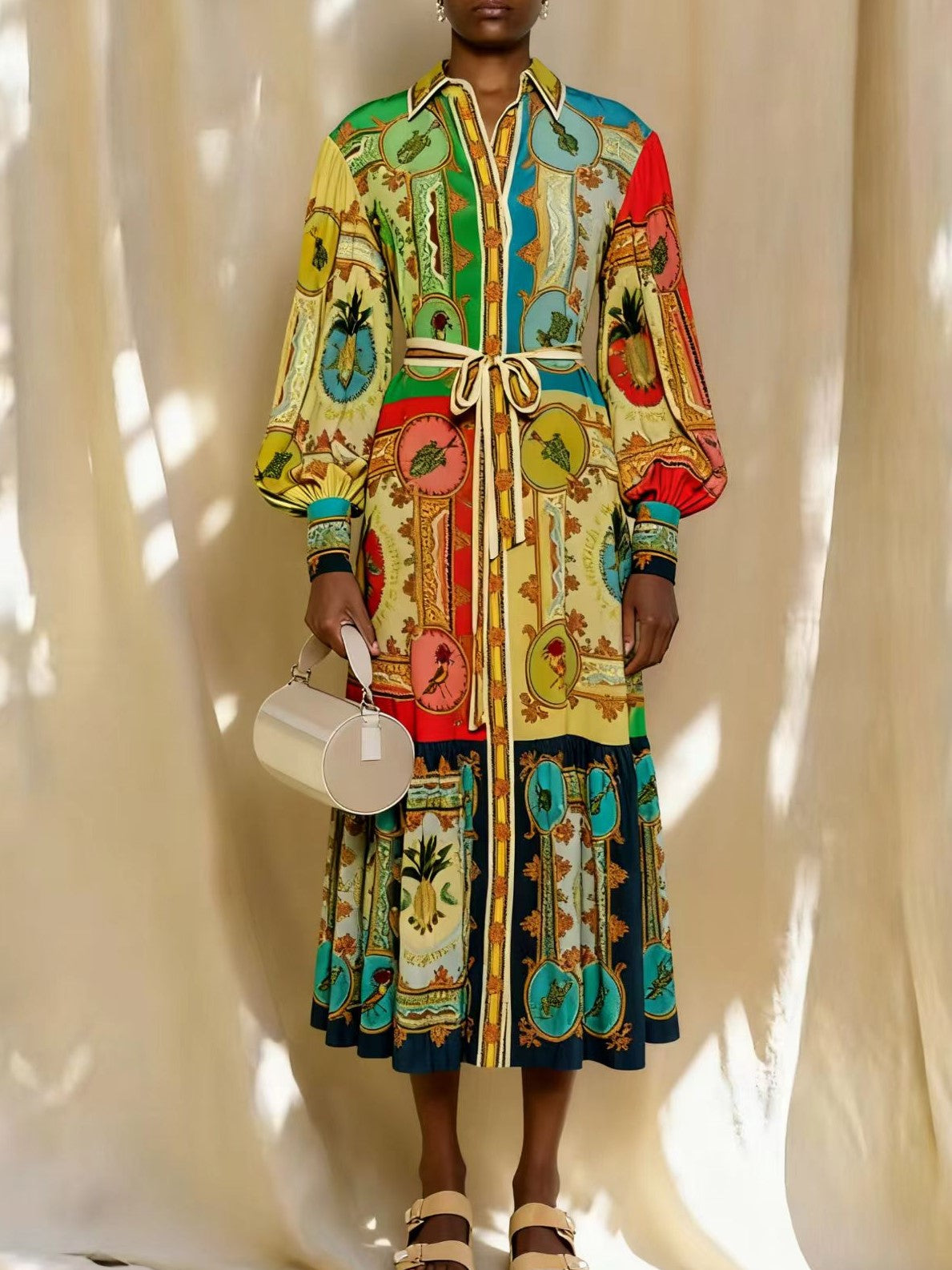 Baroque Print Belted Tiered Shirt Dress - Yellow