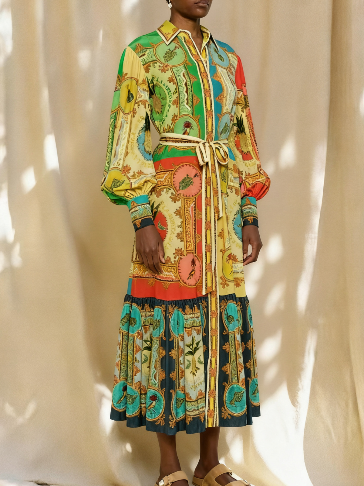 Baroque Print Belted Tiered Shirt Dress - Yellow - 1