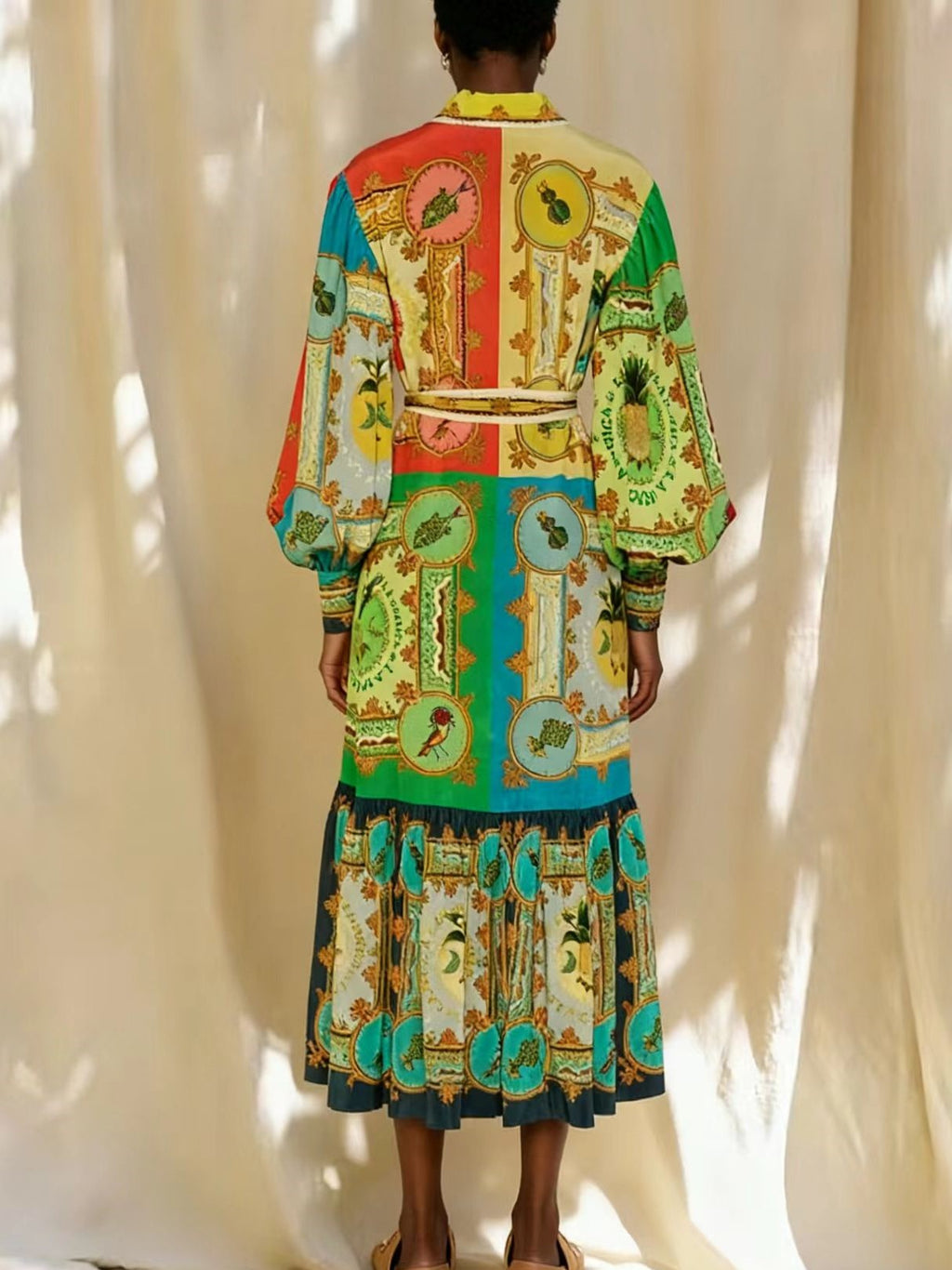 Baroque Print Belted Tiered Shirt Dress - Yellow - 2