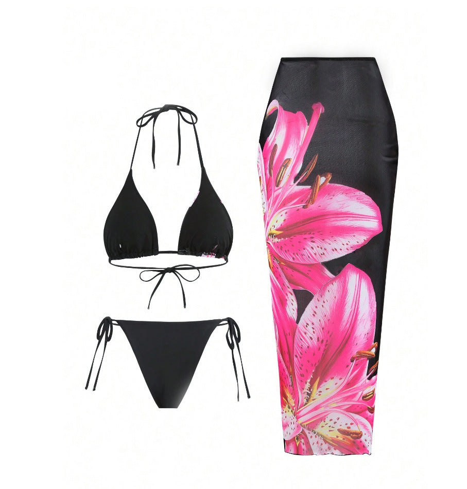 Lily Print Bikini and Sarong Skirt Set - Black