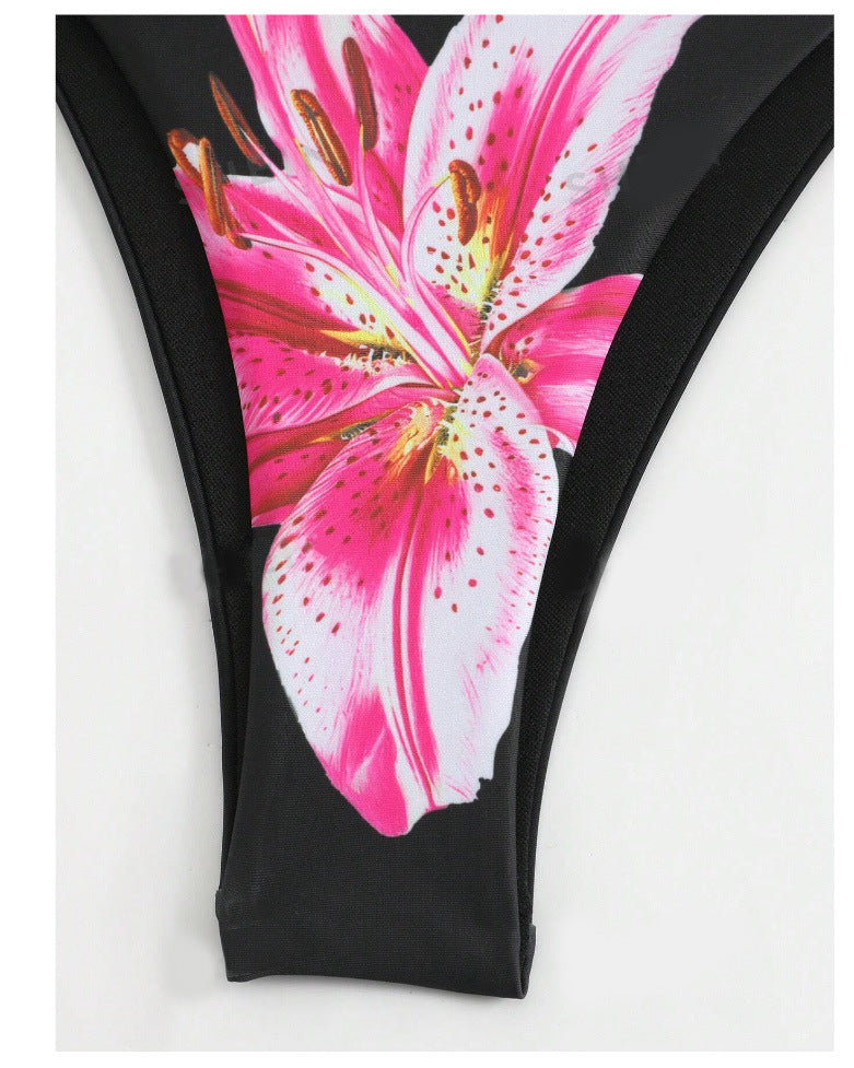 Lily Print Bikini and Sarong Skirt Set - Black - 2