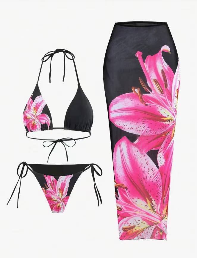 Lily Print Bikini and Sarong Skirt Set