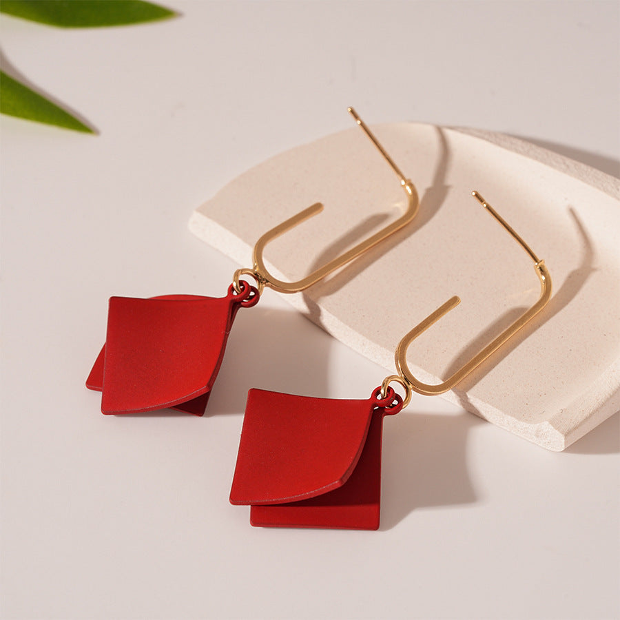 Lacquered Geometric Square Drop Earrings - Red