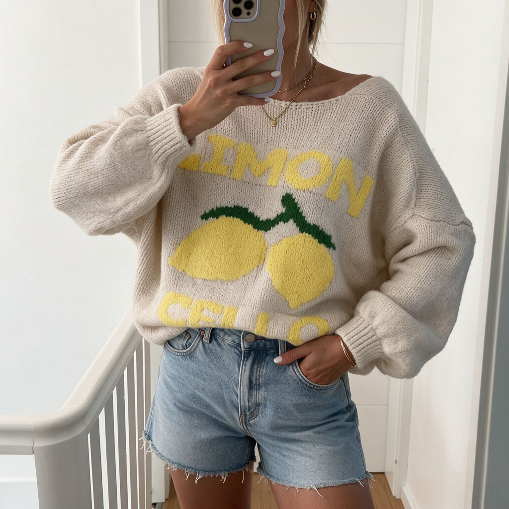 Lemon Motif Balloon Sleeve Knit Cardigan - Apricot