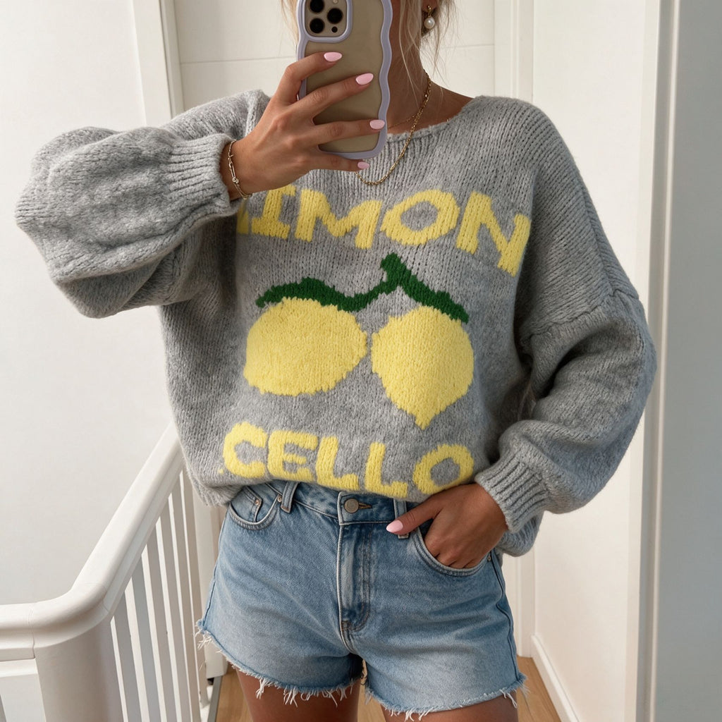 Lemon Motif Balloon Sleeve Knit Cardigan - Grey