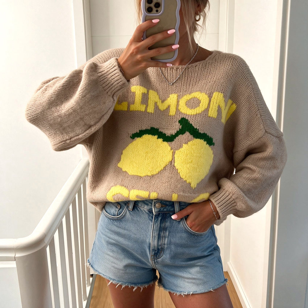 Lemon Motif Balloon Sleeve Knit Cardigan - Khaki