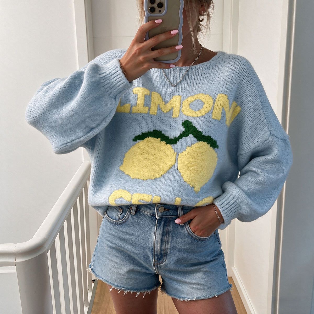 Lemon Motif Balloon Sleeve Knit Cardigan - LtBlue
