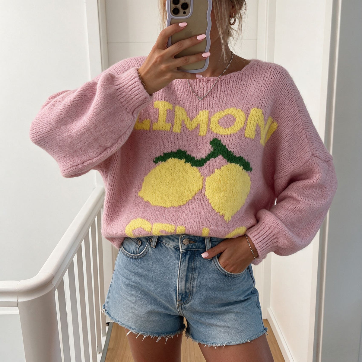 Lemon Motif Balloon Sleeve Knit Cardigan - Pink