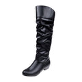 Slouchy Ruched Faux Leather Knee High Boots - Black Heel
